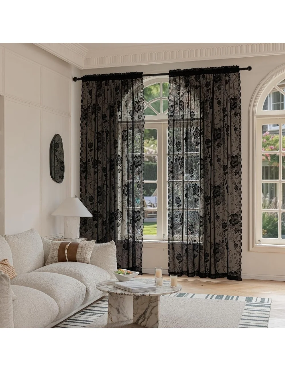 Sheer Lace Black Window Curtain Panels - Elegant Home Accents